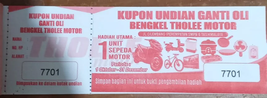 Contoh kupon undian ganti oli Bengkel Tholee Motor