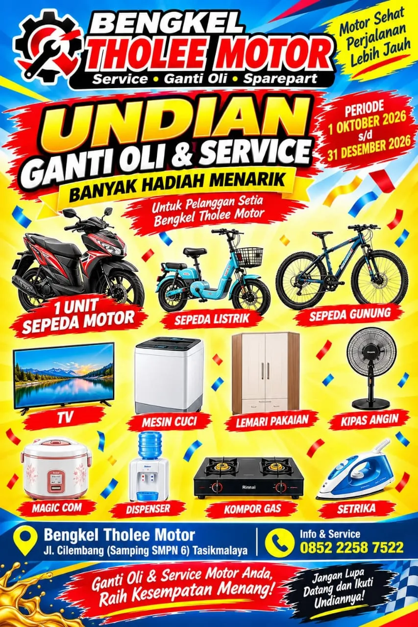 Poster undian Ganti Oli dan Service Bengkel Tholee Motor, periode 1 Oktober sampai 31 Desember 2026